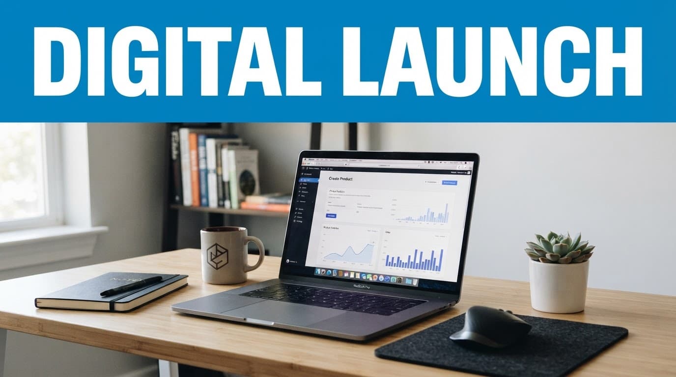 Laptop on a clean desk beneath a blue Digital Launch banner.