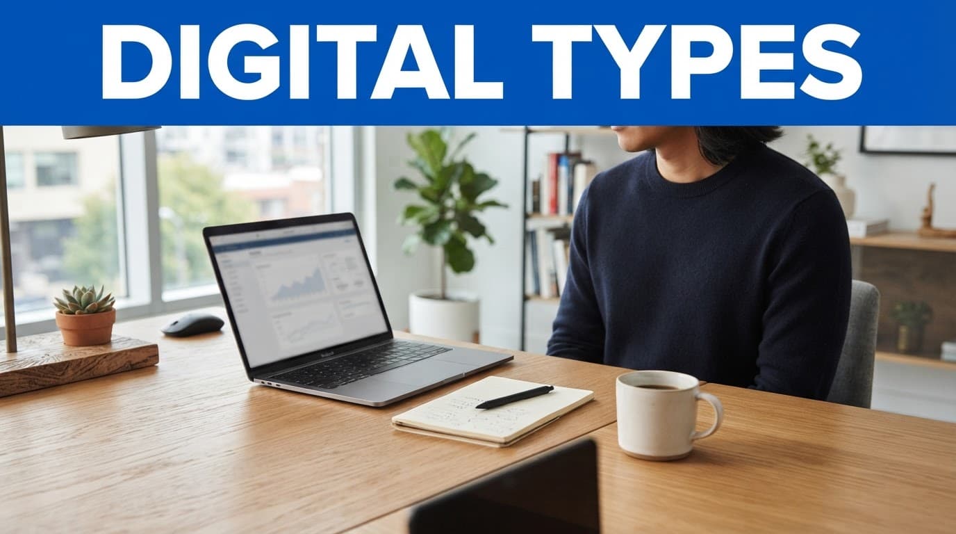 A laptop, notepad, and coffee cup beneath a blue DIGITAL TYPES banner.