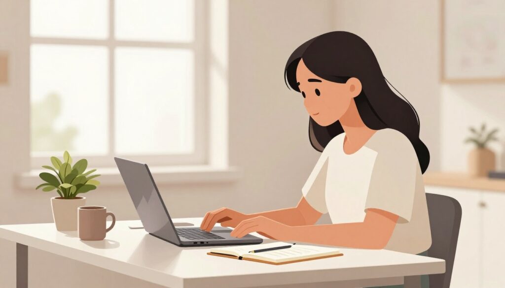 A focused student working on a laptop at a neat desk by a sunny window.