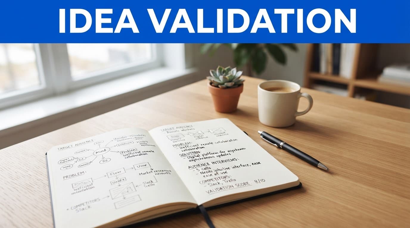 Blue Idea Validation banner above a desk with a notebook and pen in daylight.