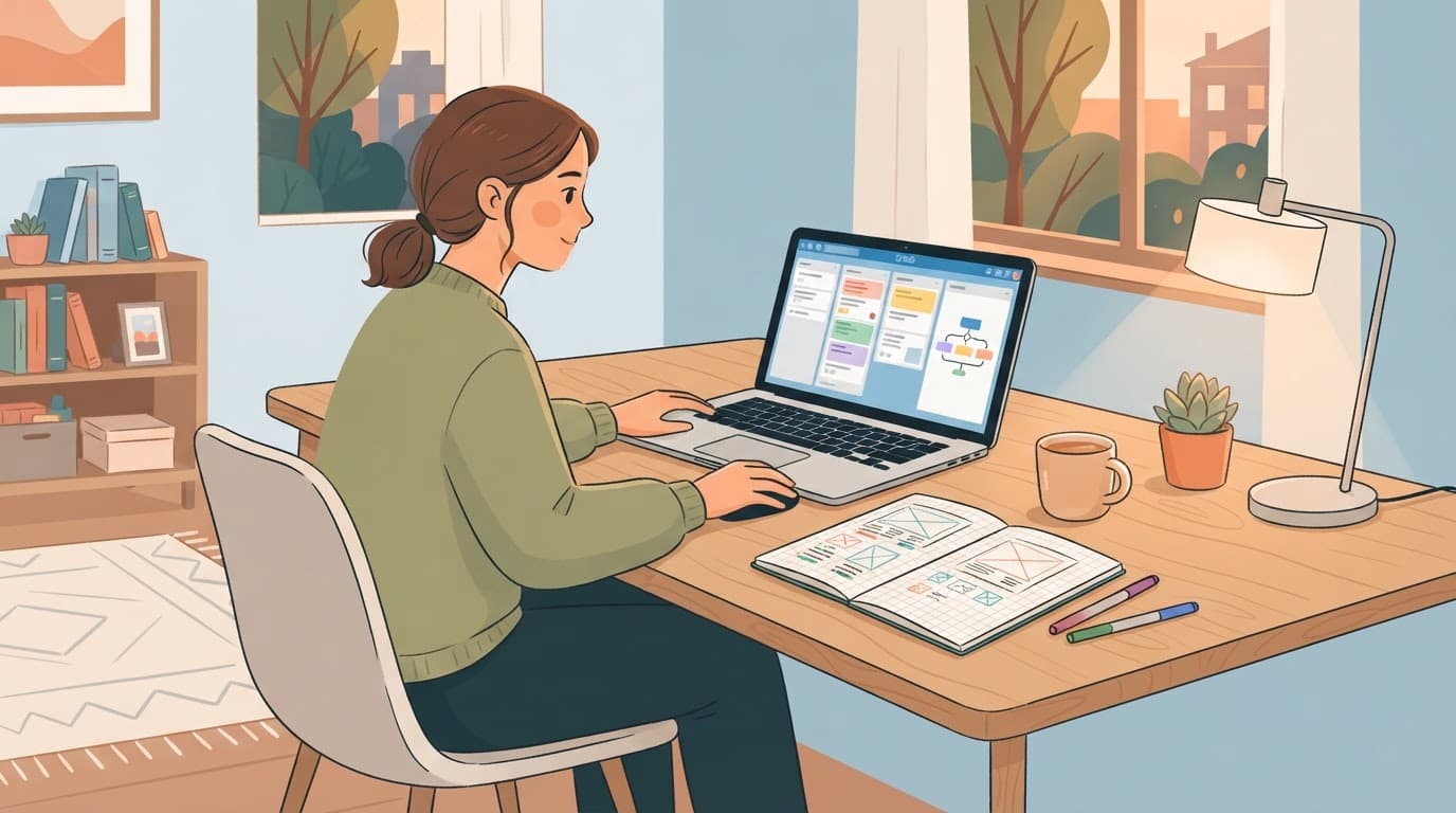 Person planning a digital product on a laptop with a notebook at a tidy desk.