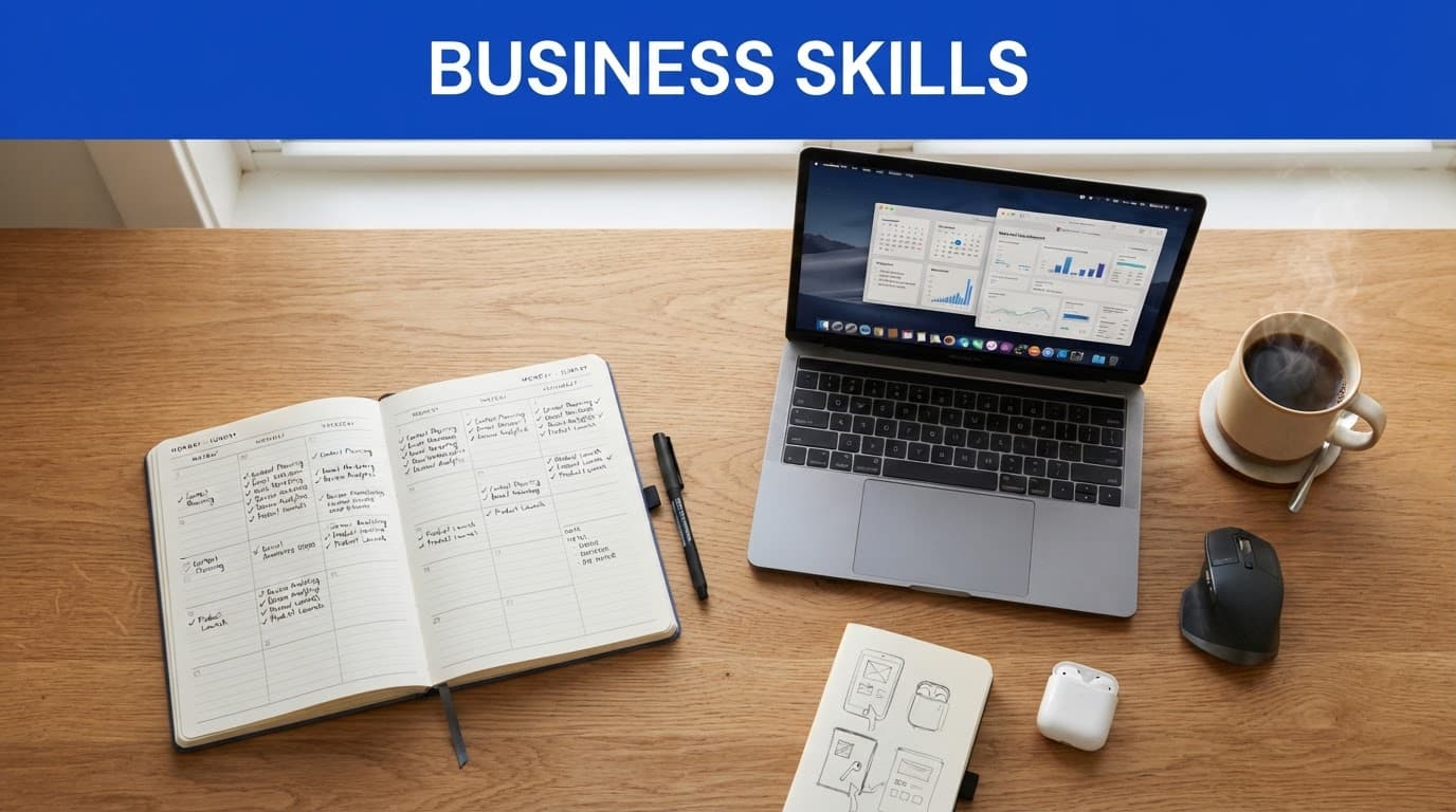 Weekly planner, laptop, and steaming coffee on a wooden desk beneath a blue Business Skills banner.