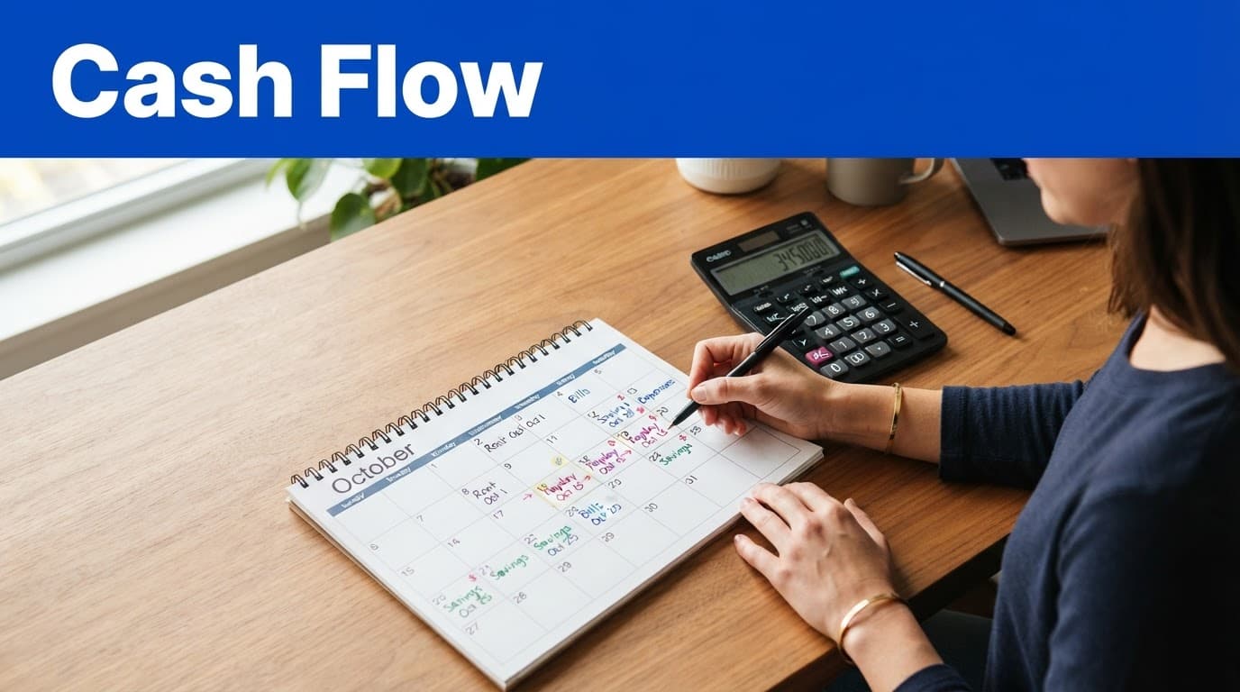 A calendar and calculator on a wooden table beneath a blue Cash Flow banner.