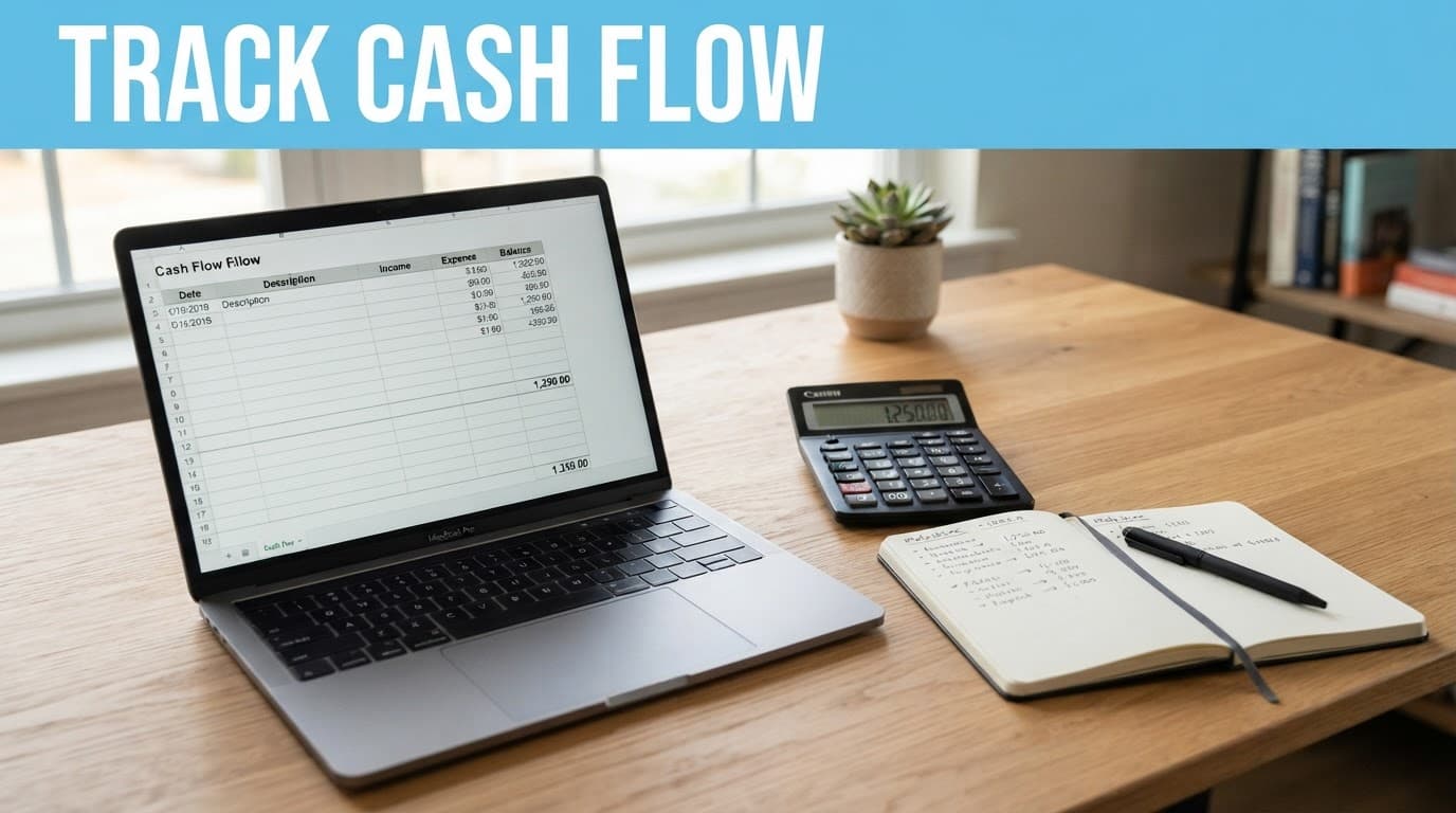 Laptop showing a cash flow spreadsheet beside a calculator and notebook on a wooden desk.