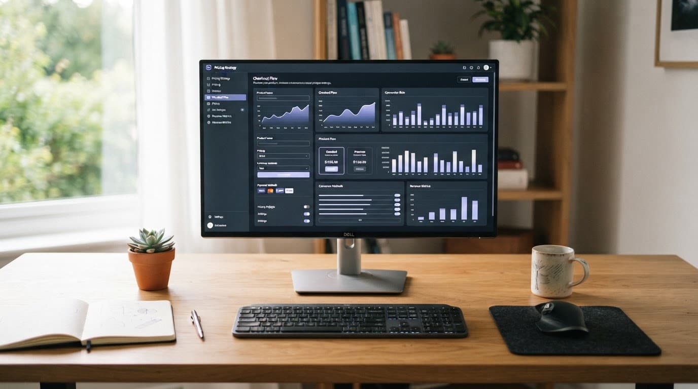 Monitor showing checkout settings on a tidy wooden desk in natural light.