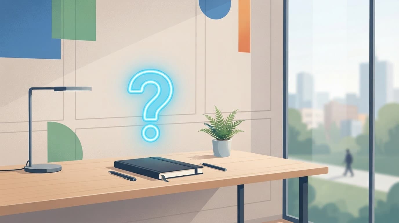Modern desk with a notebook and glowing question mark icon.