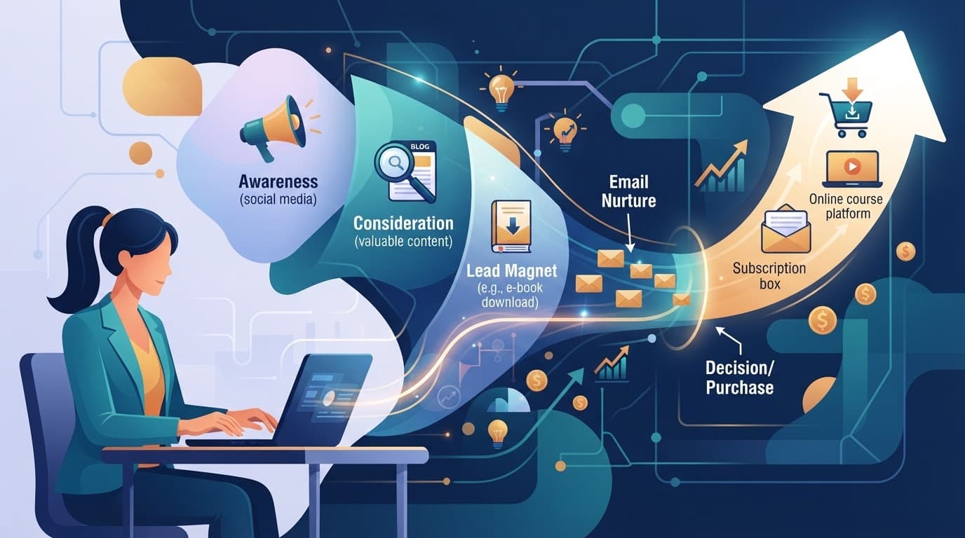 One person stands beside a geometric funnel carrying content toward digital products.