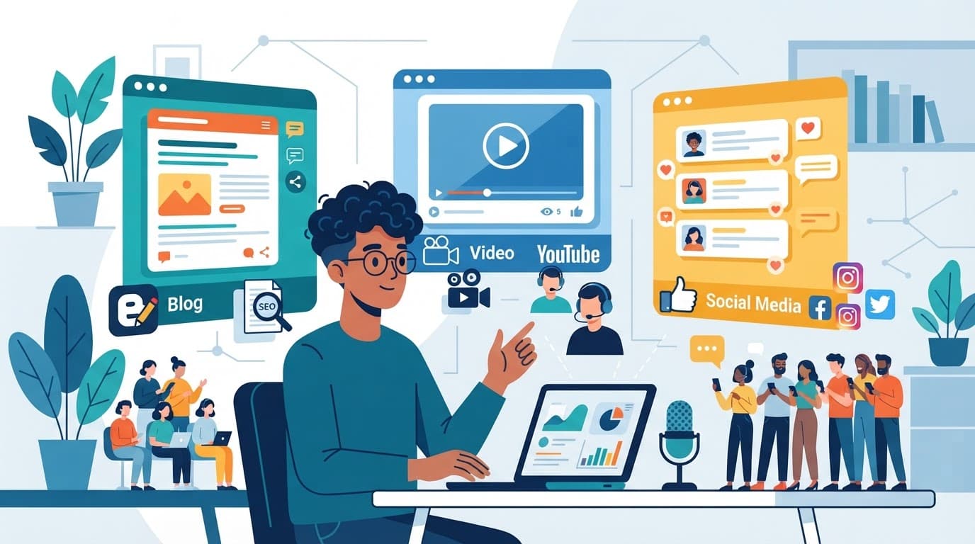 Illustration of a creator surrounded by blog, video, and social media icons.