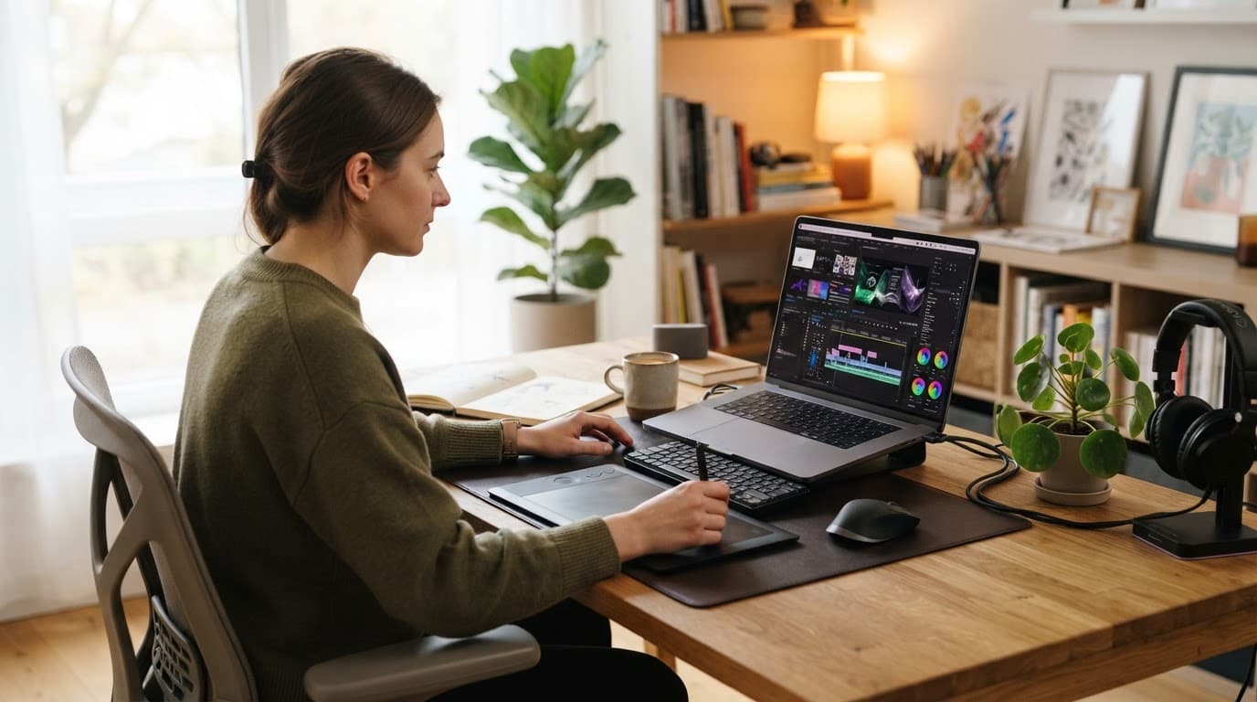A person works at a laptop in a bright, tidy home office.