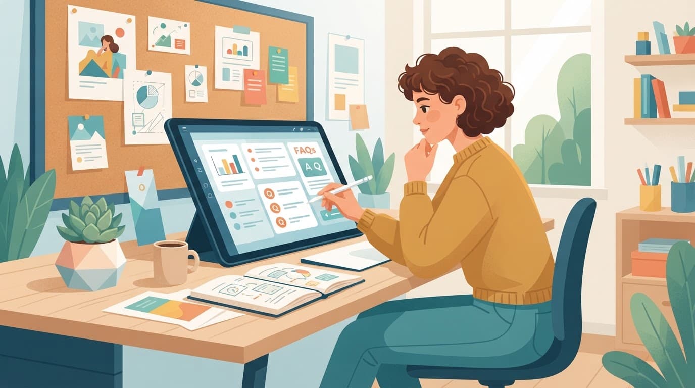 A creator reviews product FAQ notes at a desk beside a laptop and coffee cup.