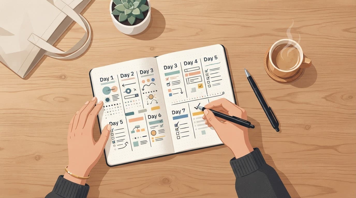 Notebook, pen, and coffee arranged on a wooden desk for launch planning.