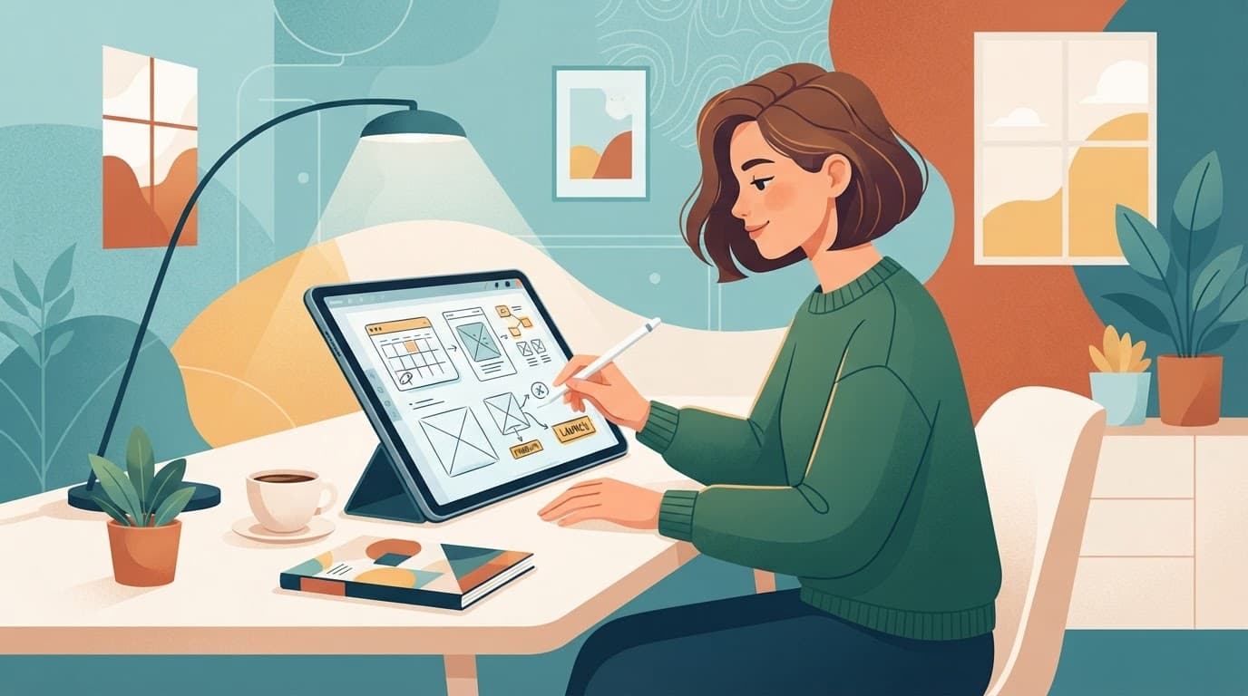 A creator plans digital products on a tablet at a clean desk.