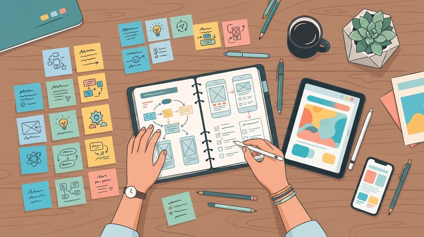 Creator arranging sticky notes around an open notebook on a wooden desk.