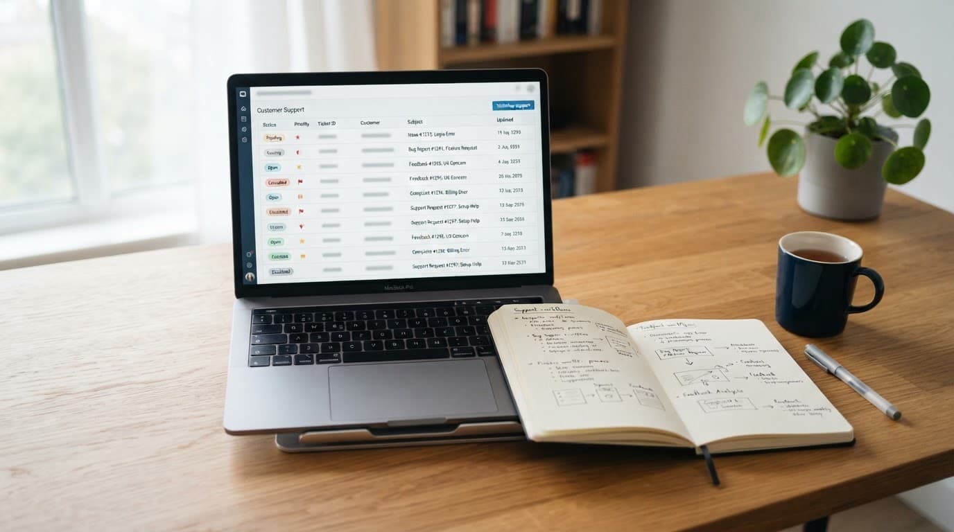 Laptop with support tickets and a notebook on a minimalist wooden desk.