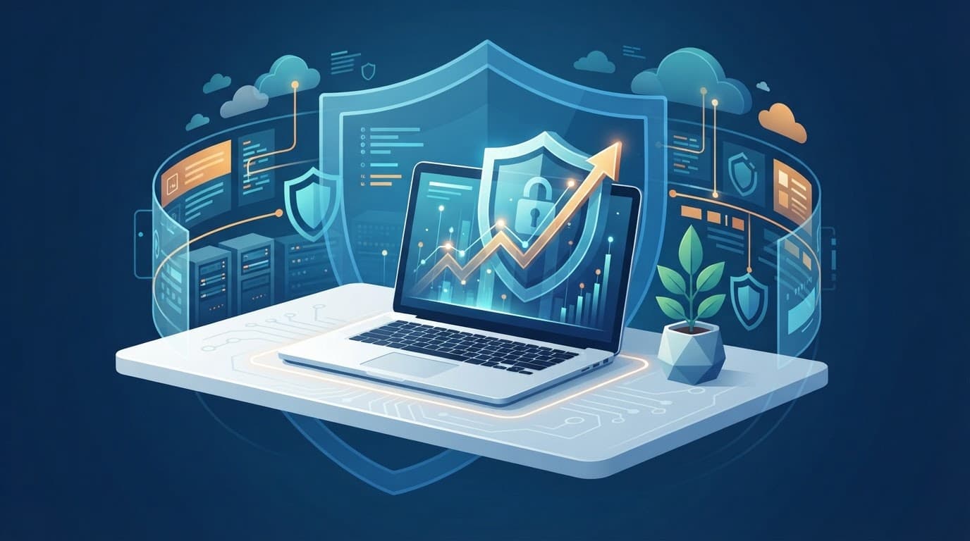 A laptop and small plant on a desk with abstract shapes suggesting growth and protection.