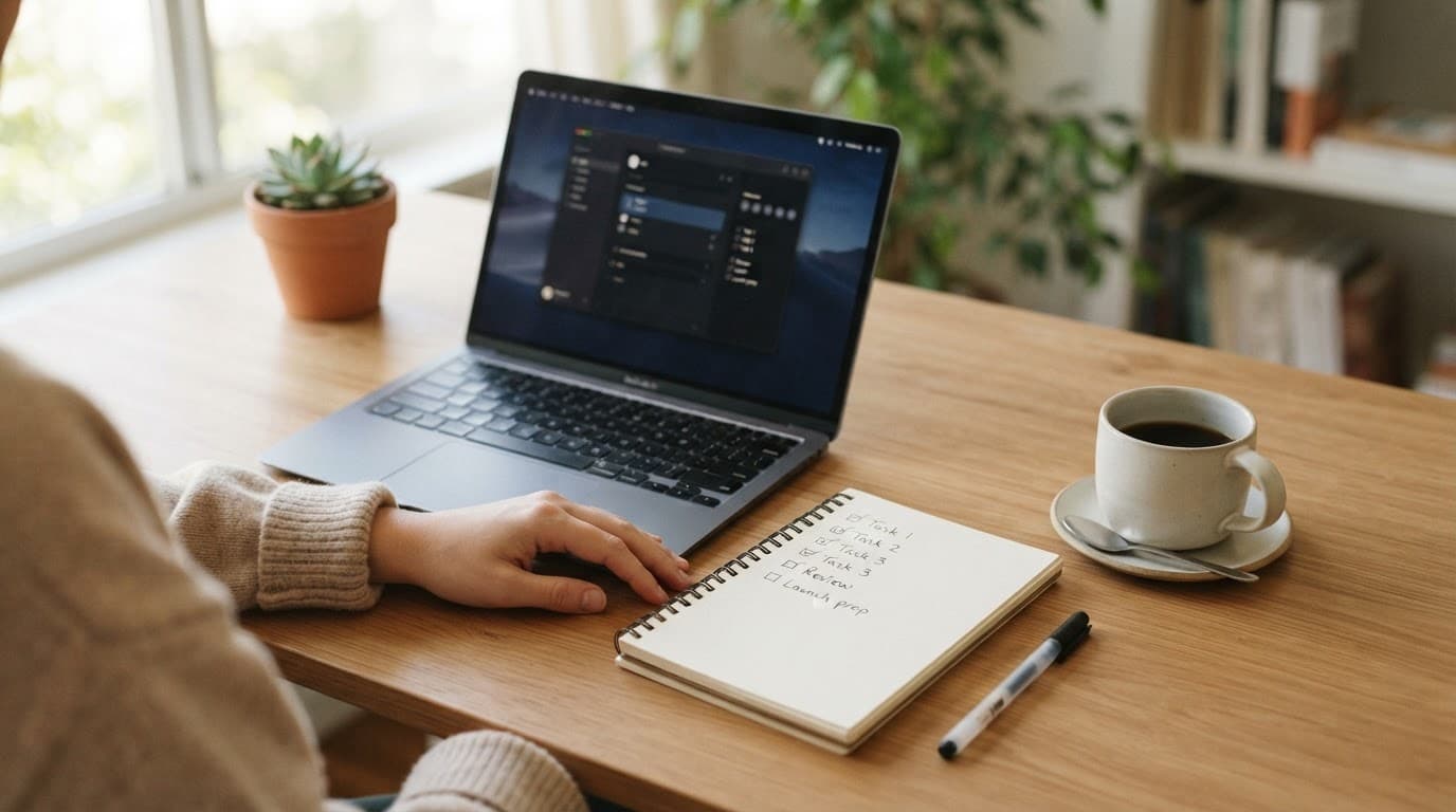 A laptop, coffee, checklist notepad, and relaxed hands on a bright minimalist desk.