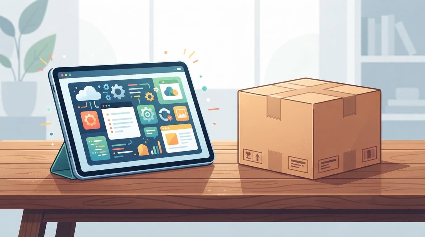 Software icons on a screen beside a shipping box on a wooden desk.