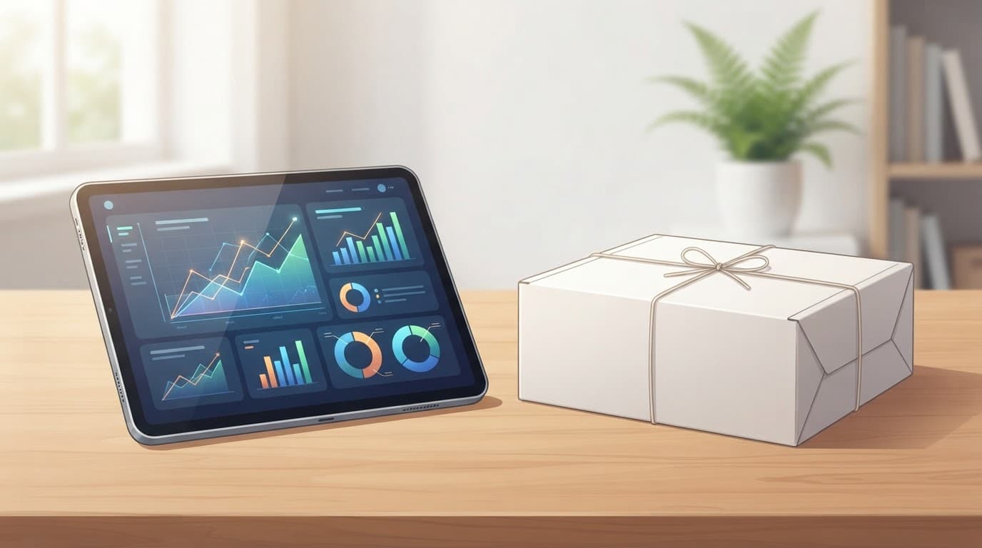 Tablet with software charts beside a packaged box on a wooden desk.