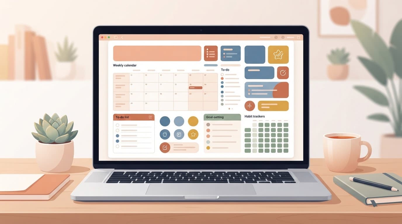 A laptop screen showing a colorful digital planner layout.