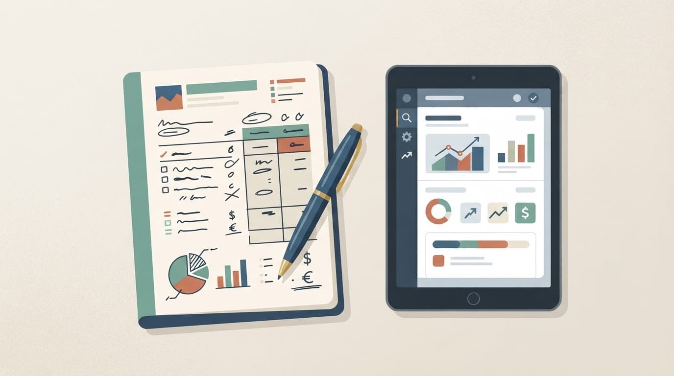 Notebook, pen, and tablet arranged for digital product budget planning.