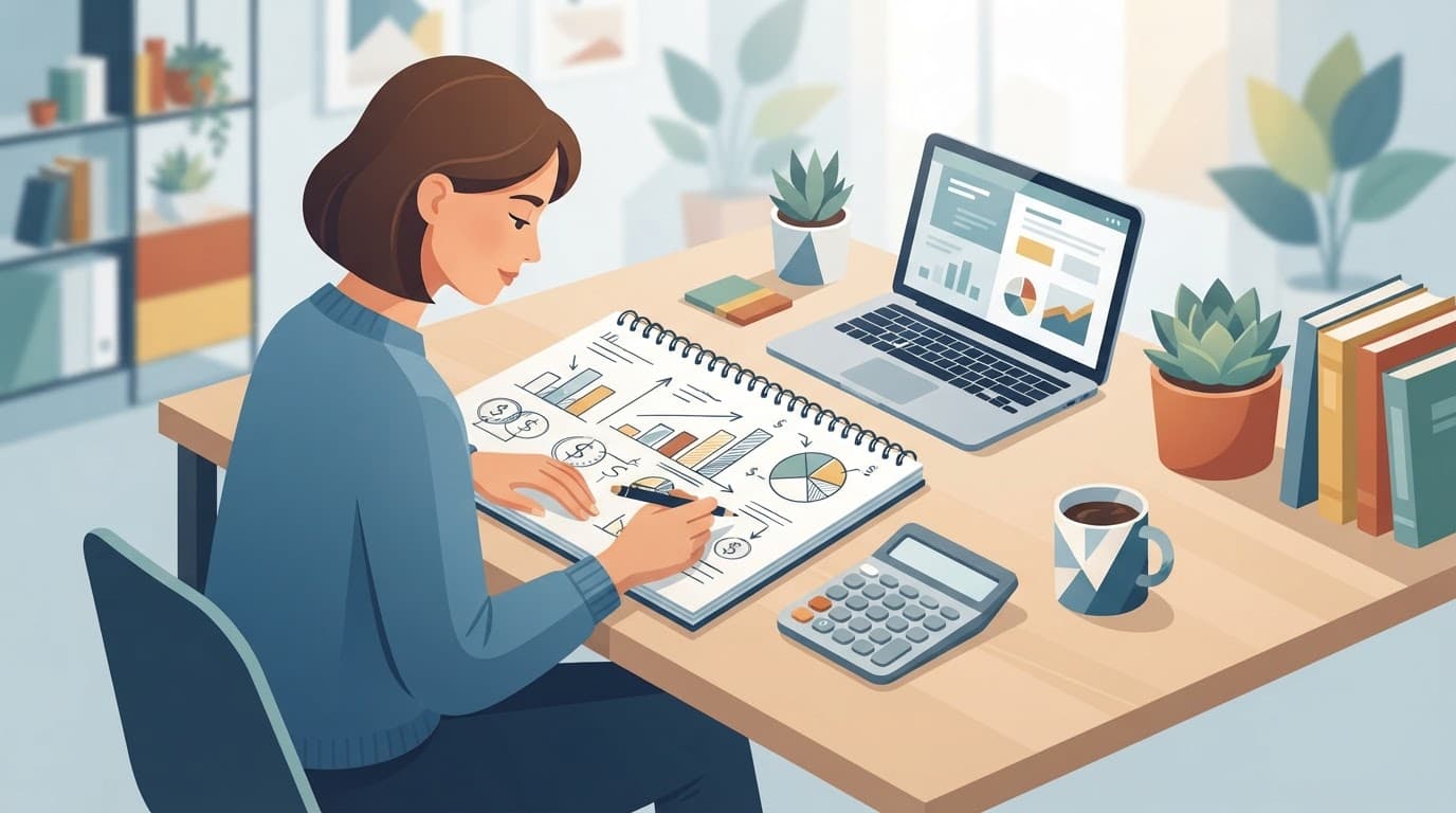 One person reviews budget calculations beside a calculator and coffee cup.