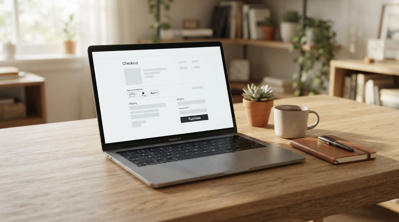 Laptop displaying a simple checkout page on a clean wooden desk.