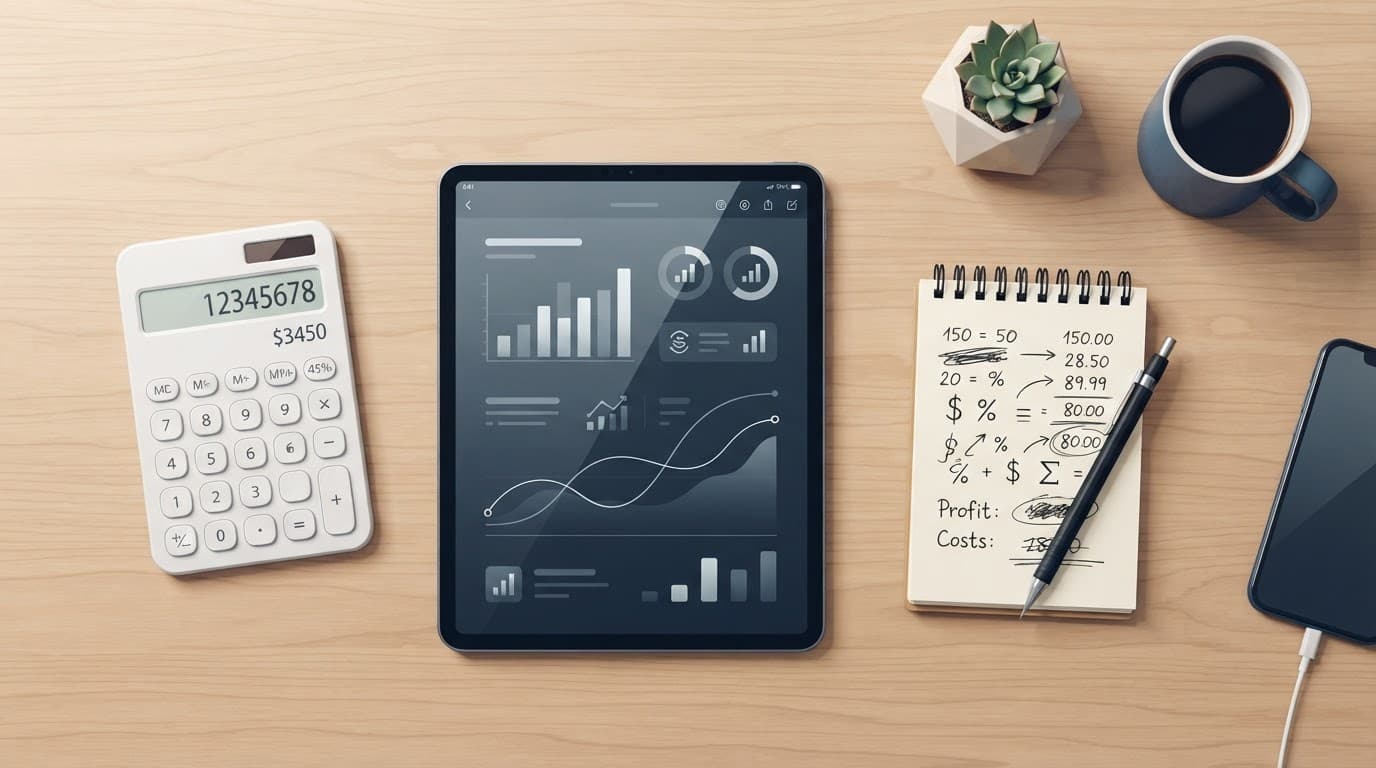 Overhead desk with a calculator, profit notes, and a sleek tablet.
