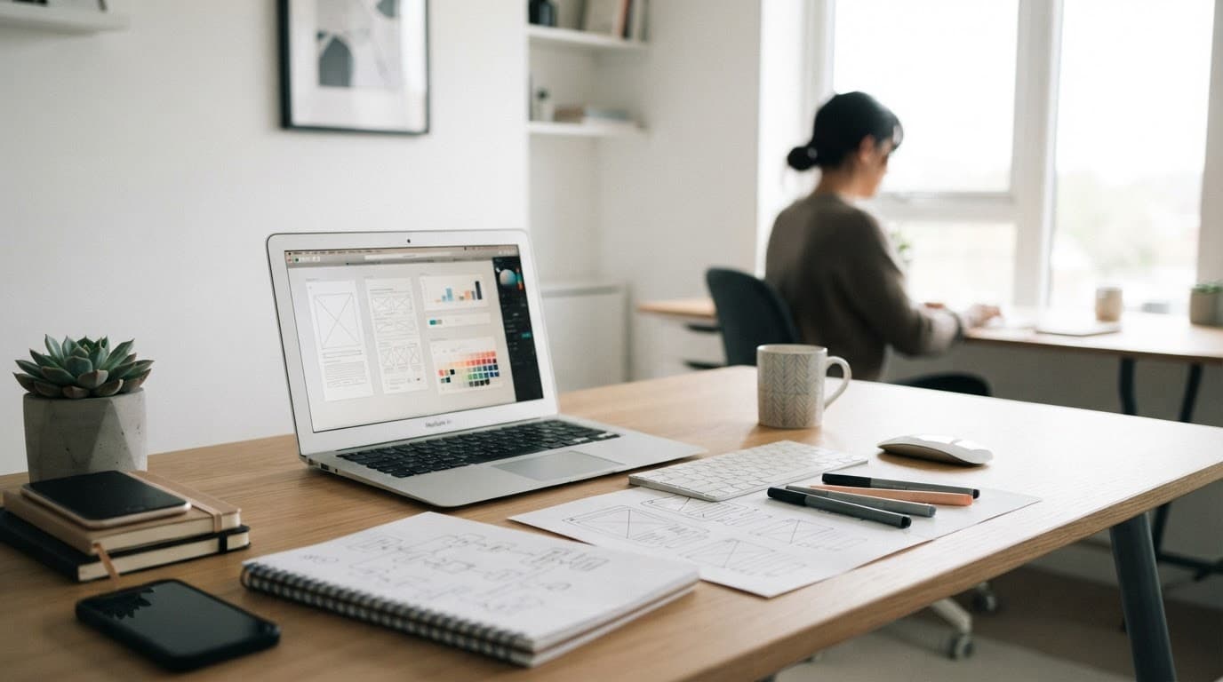 A laptop and planning sketches on a bright desk with one blurred person in the background.