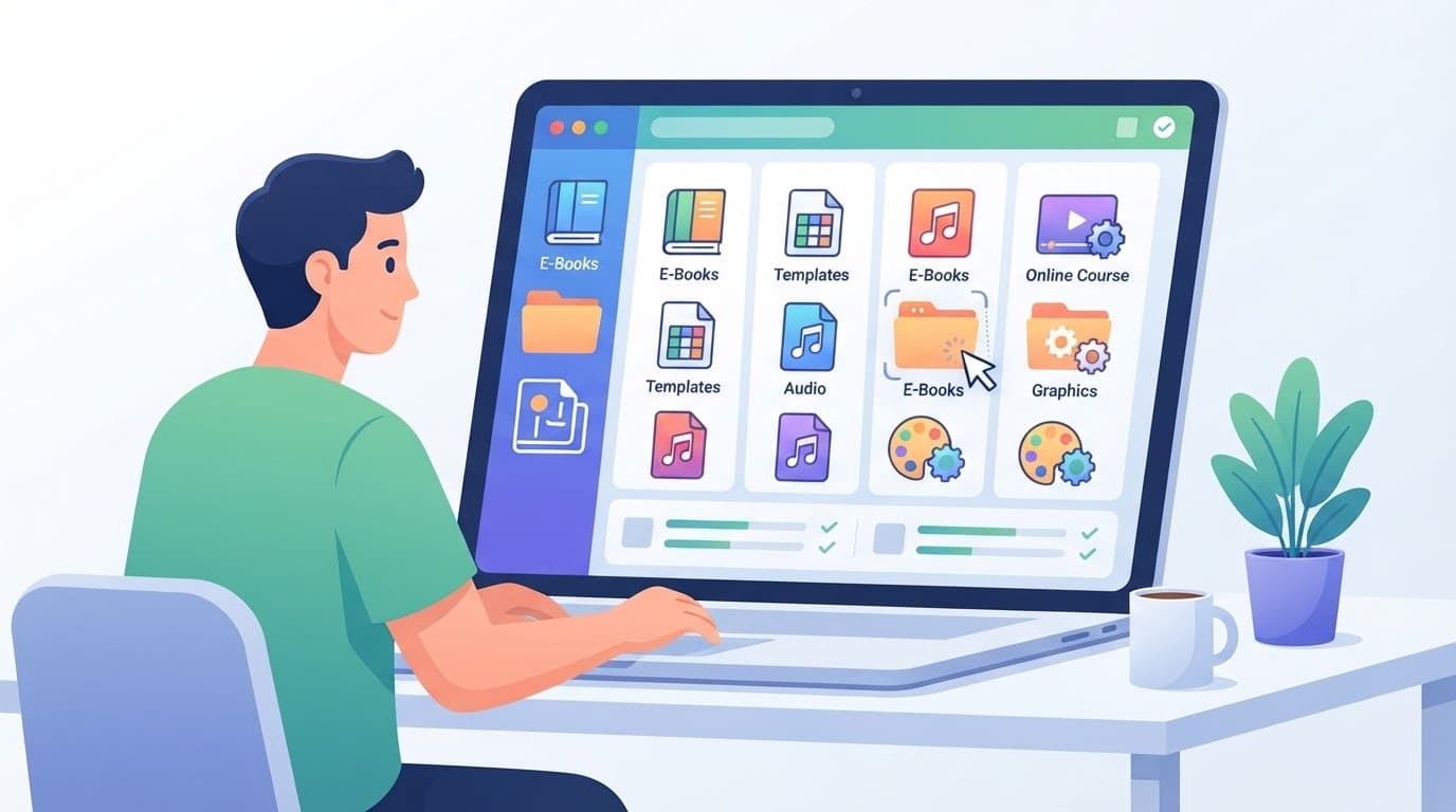 Person organizing digital product files on a laptop in a clean vector illustration.
