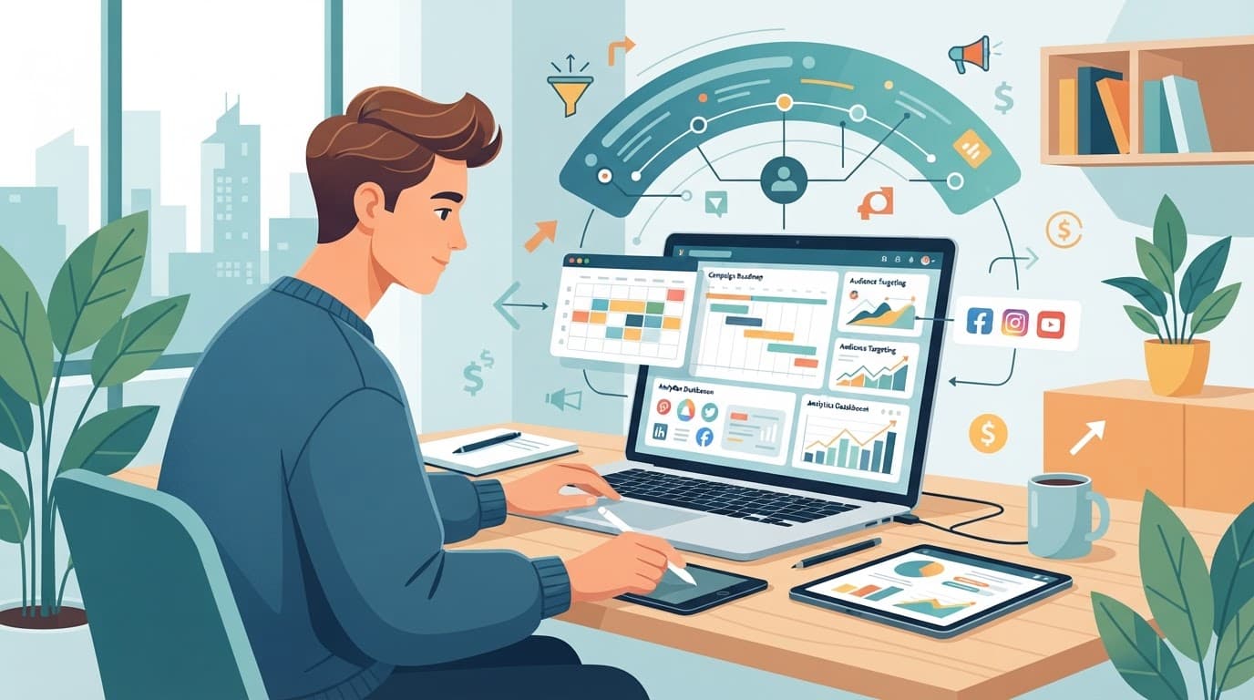 Person planning digital product marketing on a laptop.