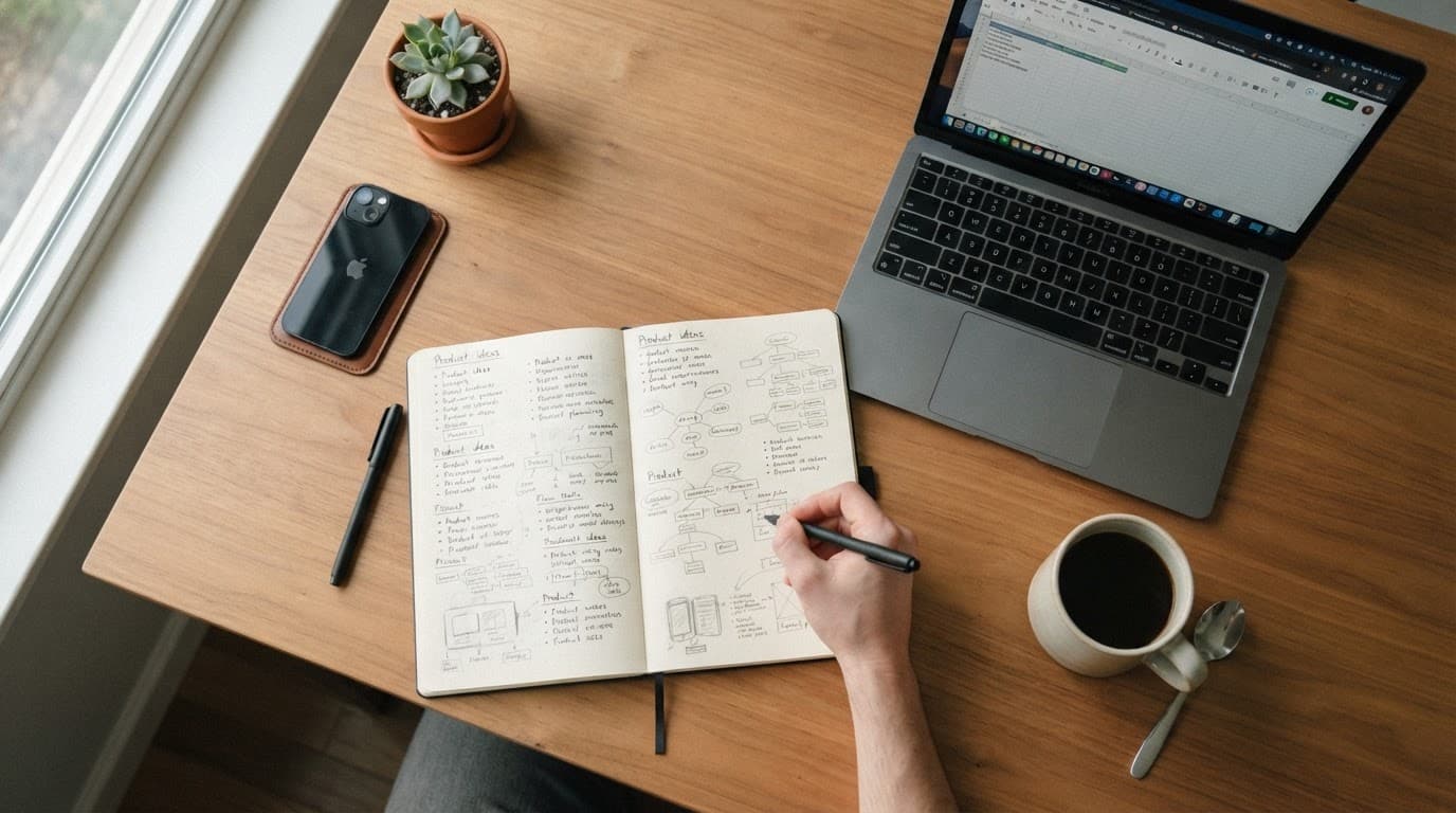 Laptop, coffee, and an idea-filled notebook on a minimalist wooden desk.