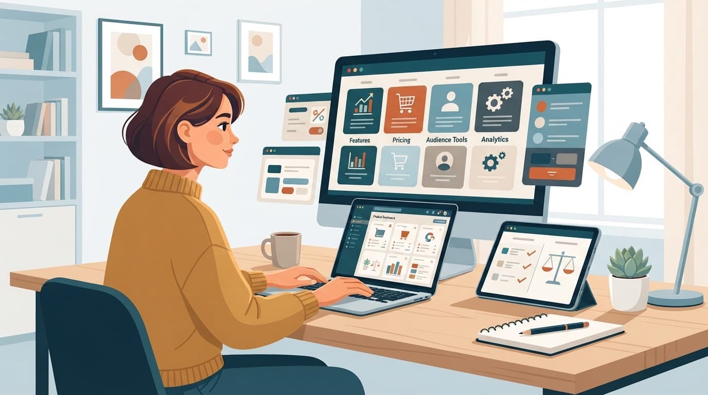 Creator comparing digital product options at a clean desk.