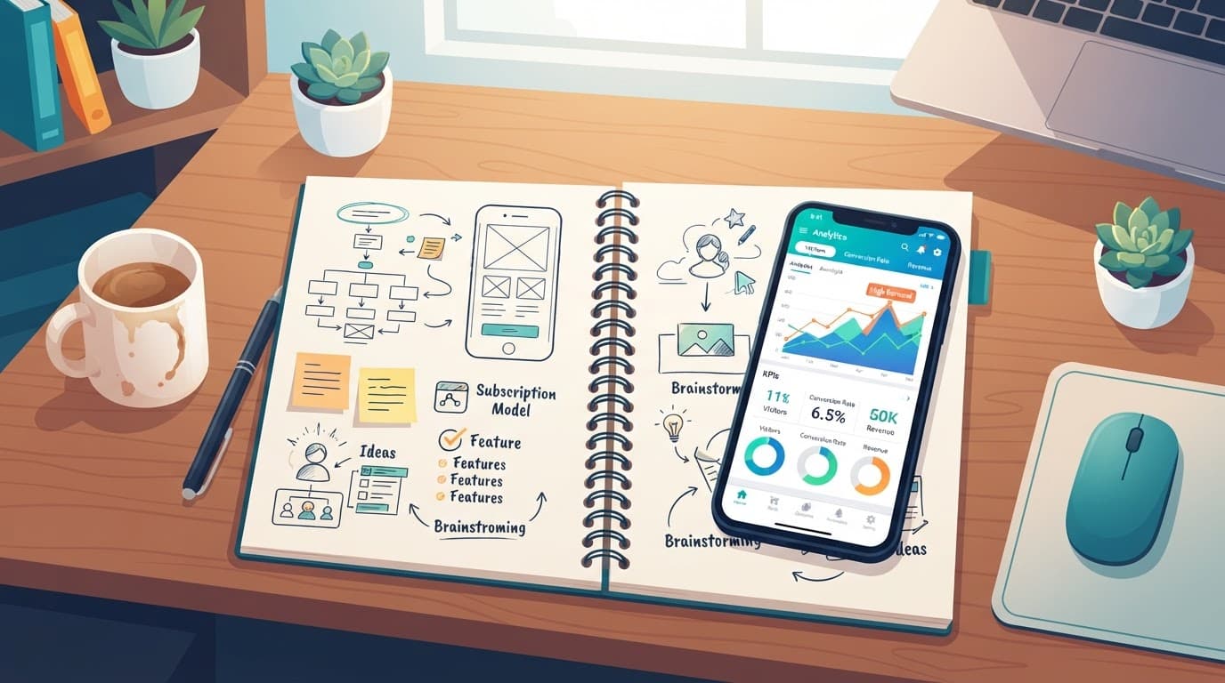 Notebook with product ideas beside a smartphone displaying analytics on a modern desk.