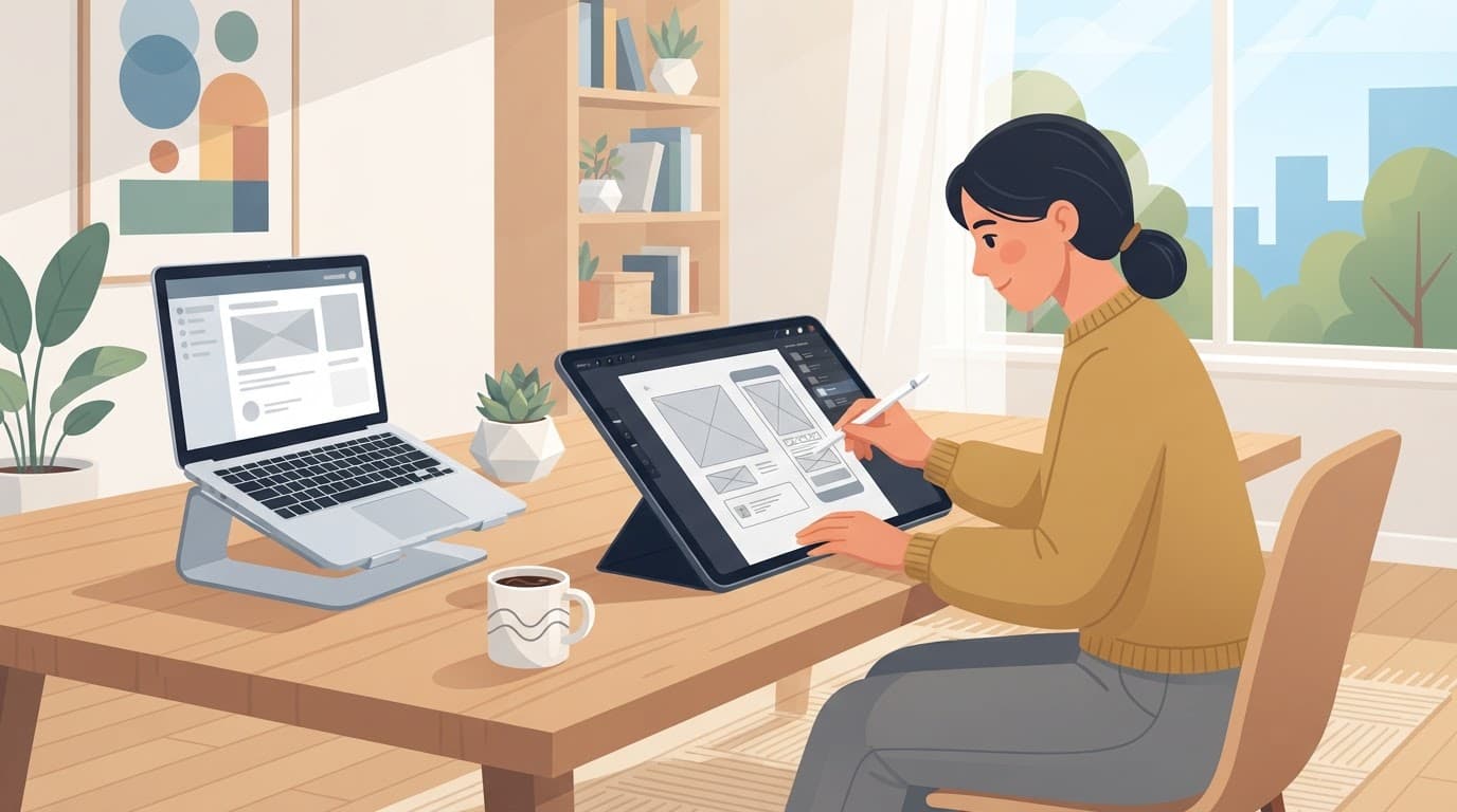 Person sketching product wireframes beside a laptop and coffee on a wooden desk.