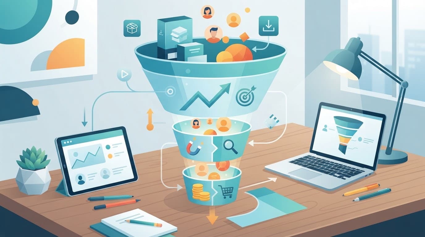 A colorful sales funnel diagram on a desk beside a laptop.