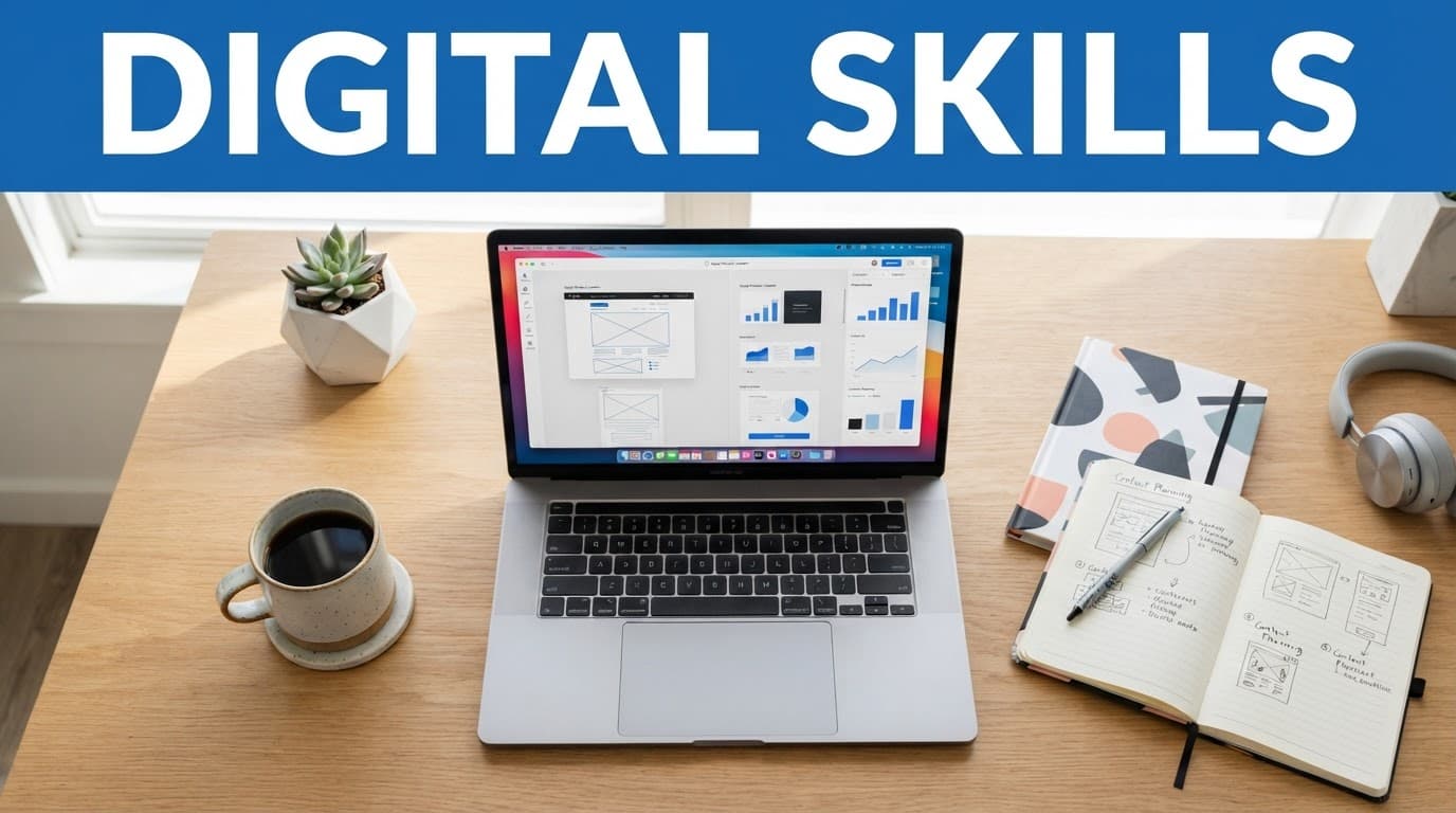 Overhead view of a laptop, notebook, coffee cup, and blue DIGITAL SKILLS banner.