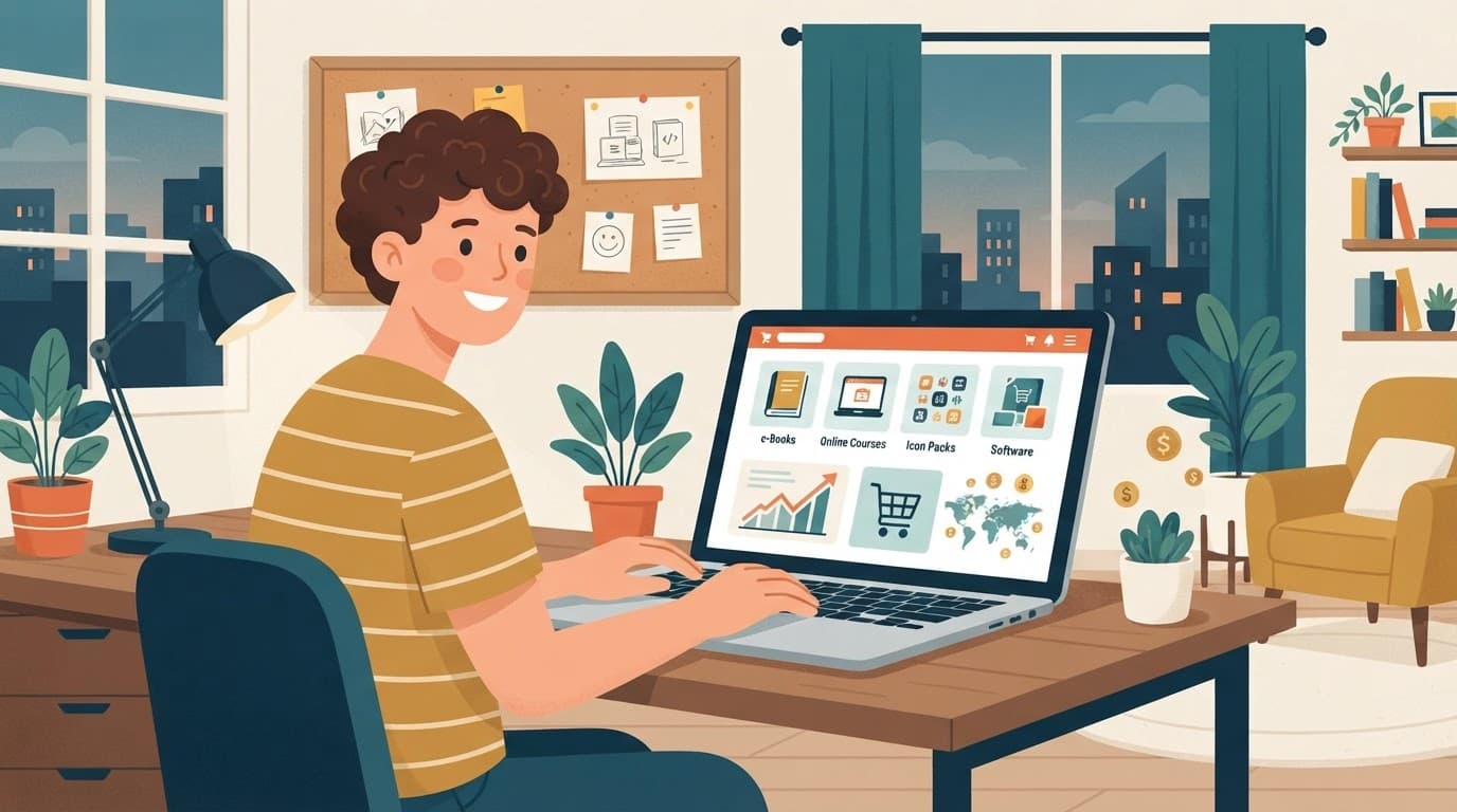 A creator uses a laptop to set up an online digital product store.
