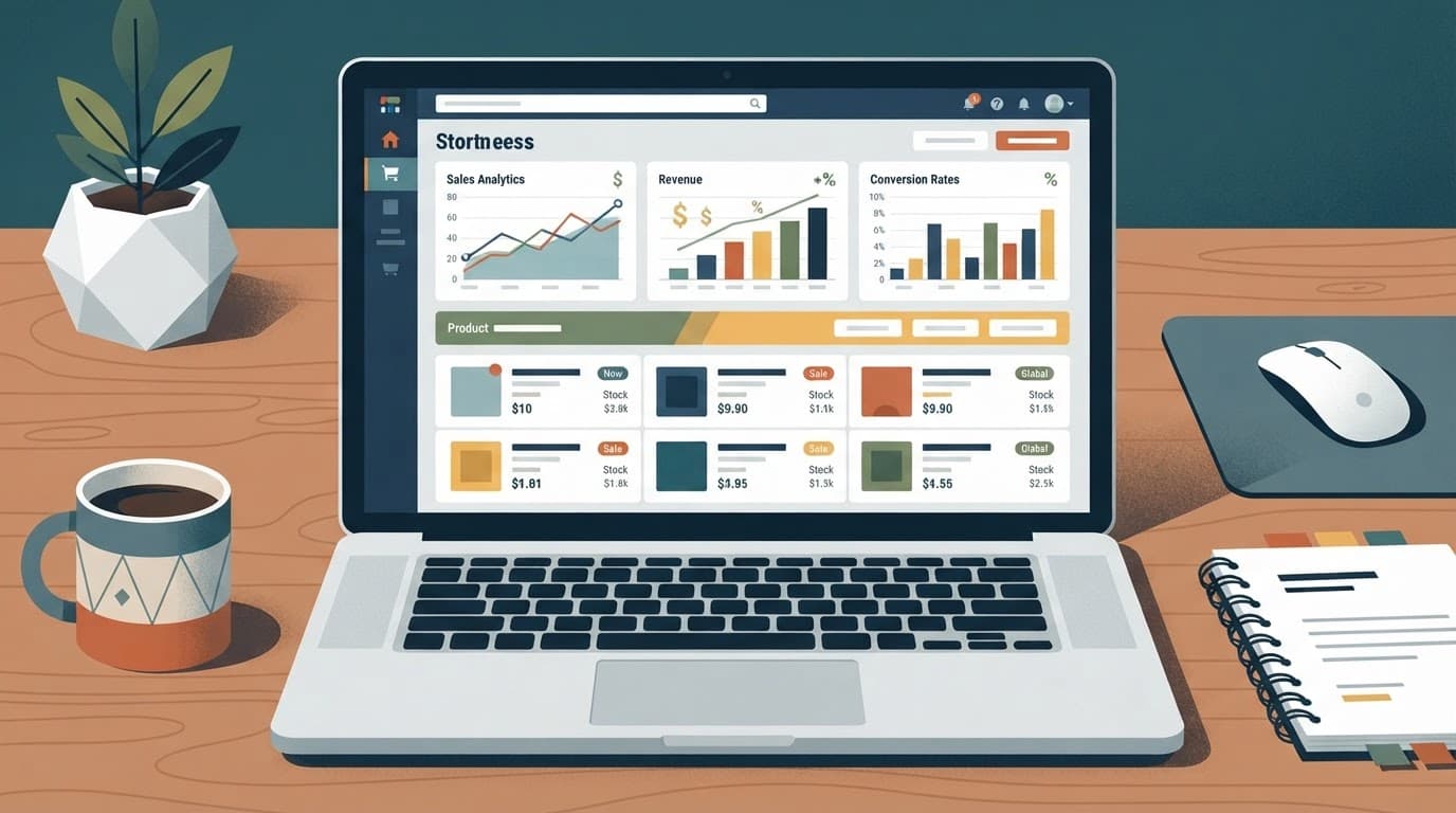 Laptop showing an online storefront dashboard with product listings and sales charts.