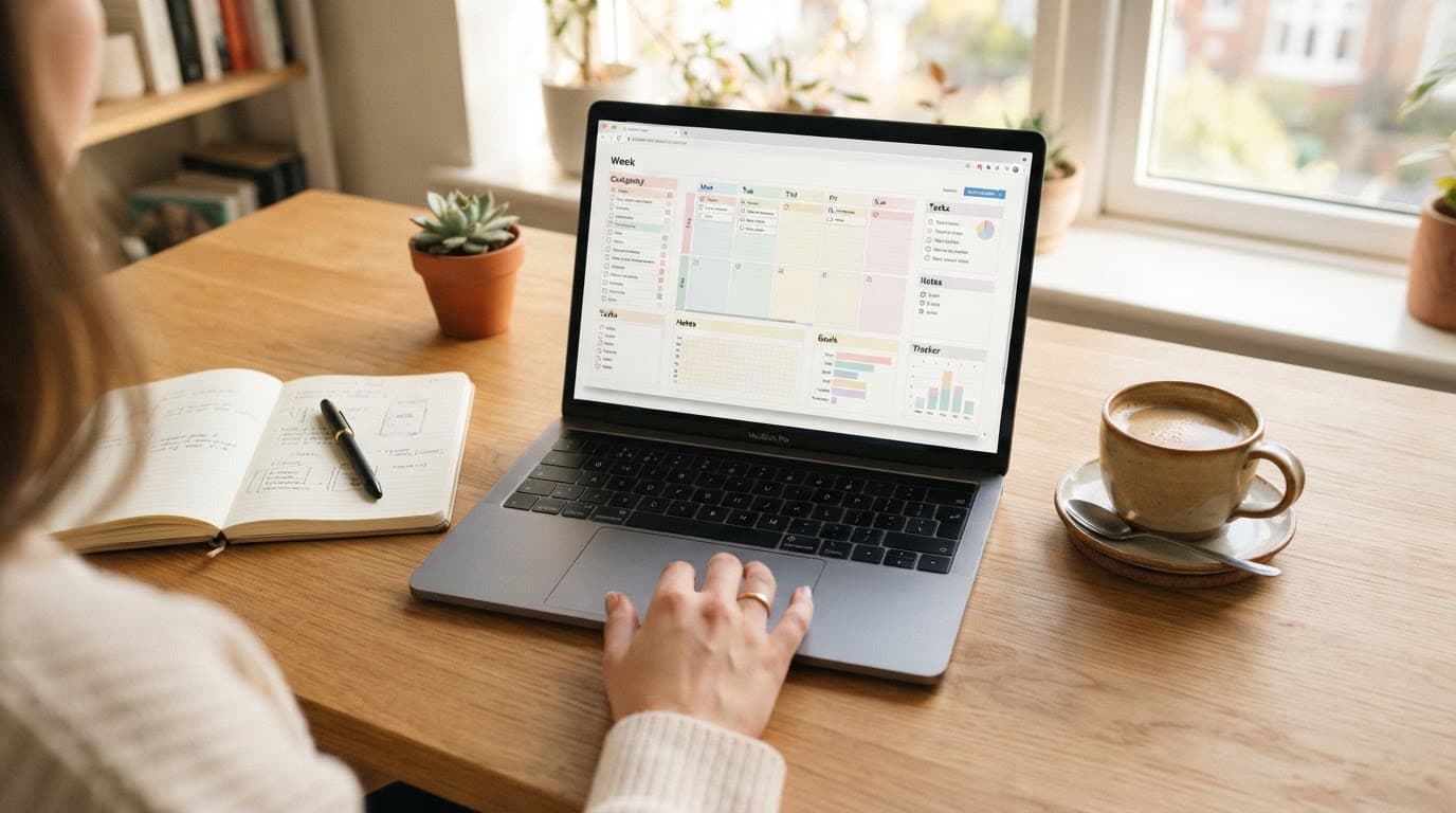 Laptop showing a digital template beside a notebook and coffee on a wooden desk.