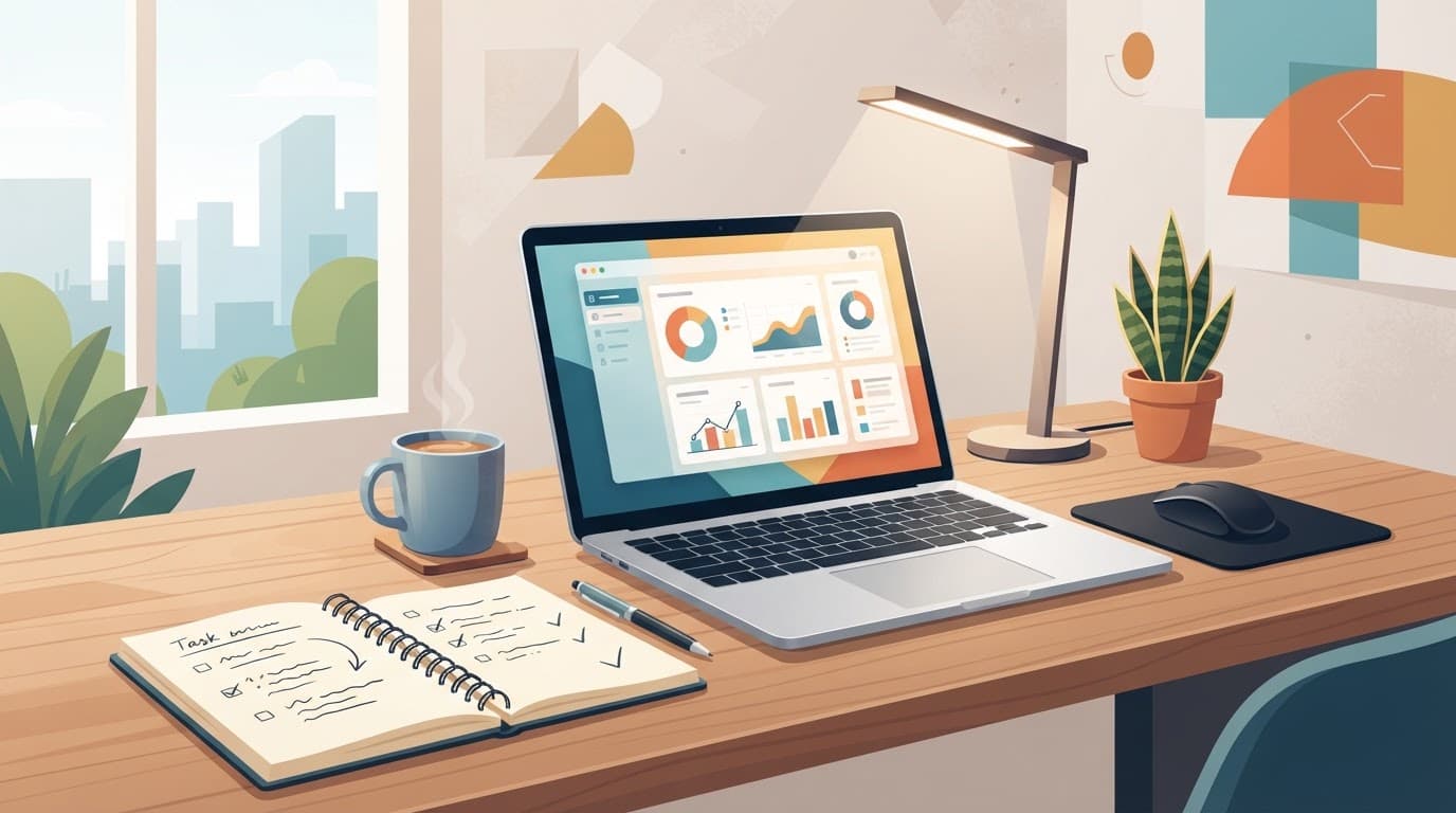 Laptop, notebook, and coffee cup arranged on a clean modern desk.