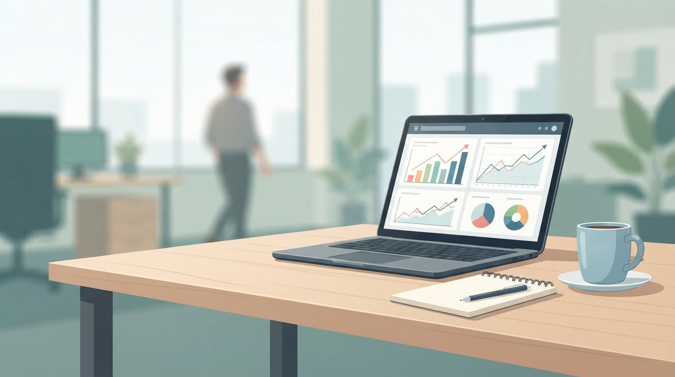 Laptop with charts on a desk beside a notepad and coffee, with one blurred person behind it.
