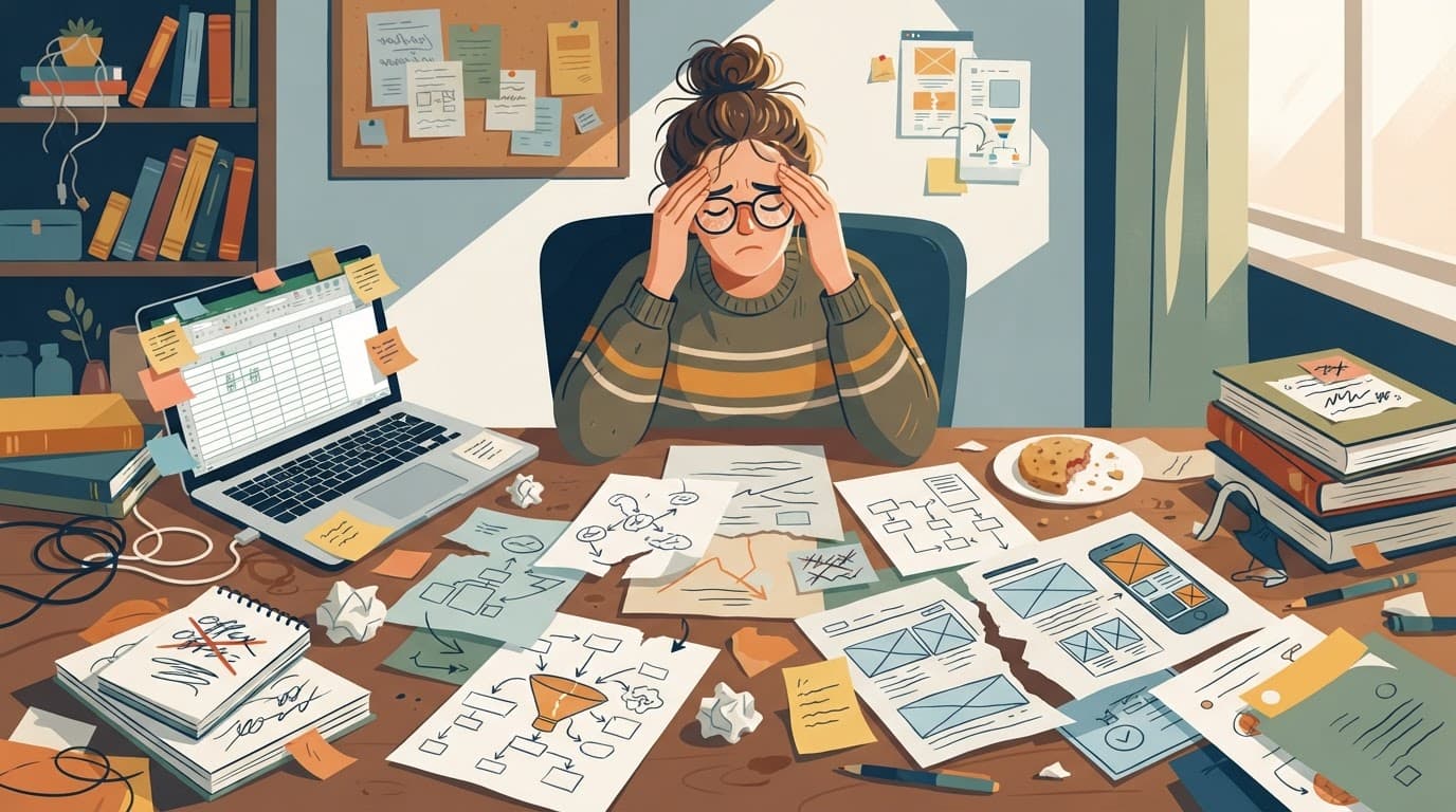 A person works at a messy desk covered with notes and product sketches.