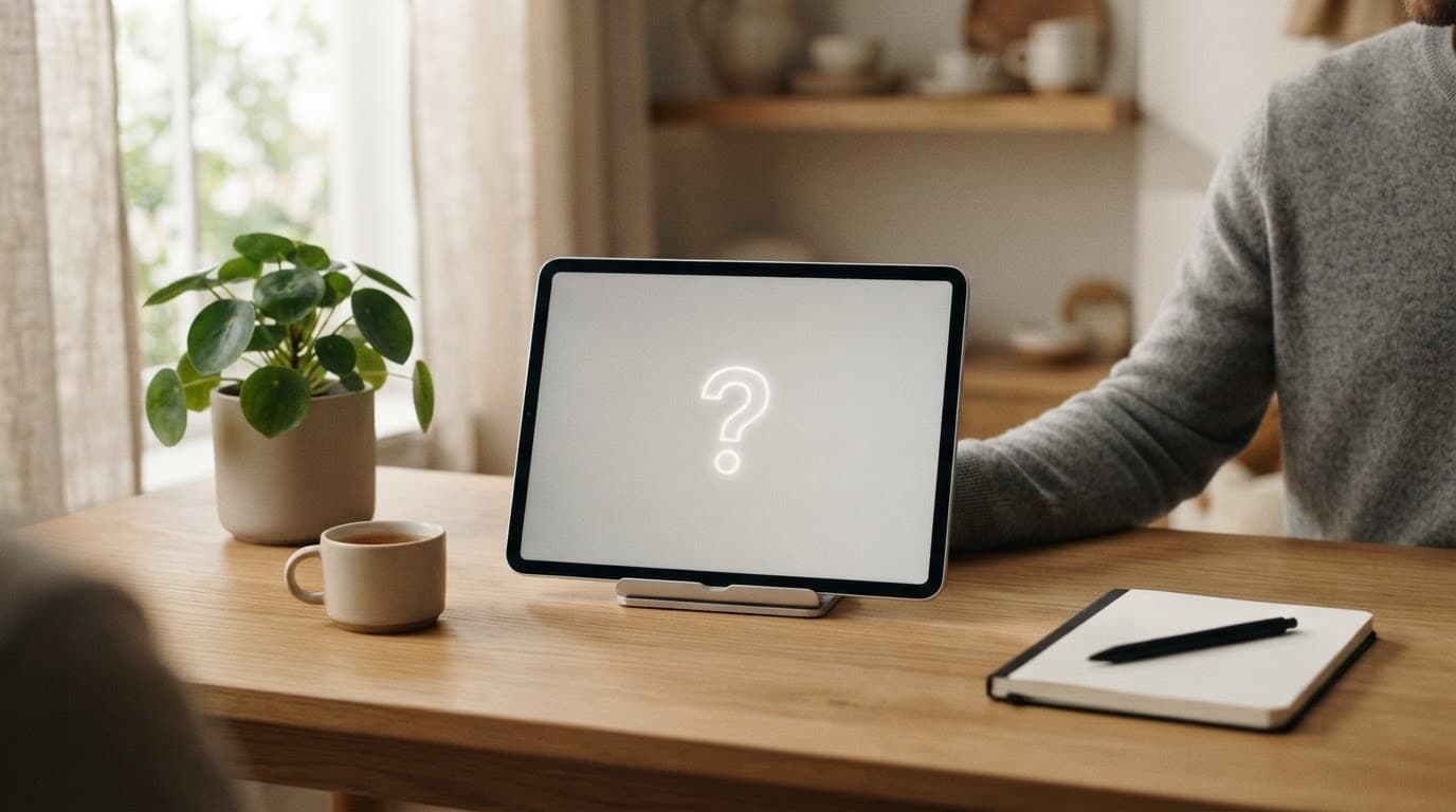 Tablet with a question mark beside a small plant on a wooden desk.