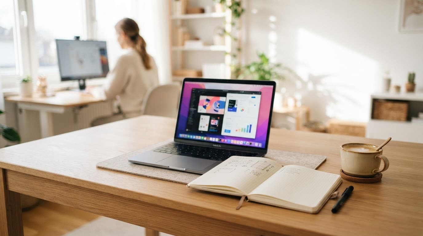 An open laptop, planner, and coffee sit on a bright desk with one person in the background.