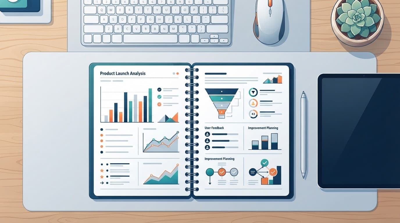 Minimalist desk with an open notebook showing launch notes and charts.