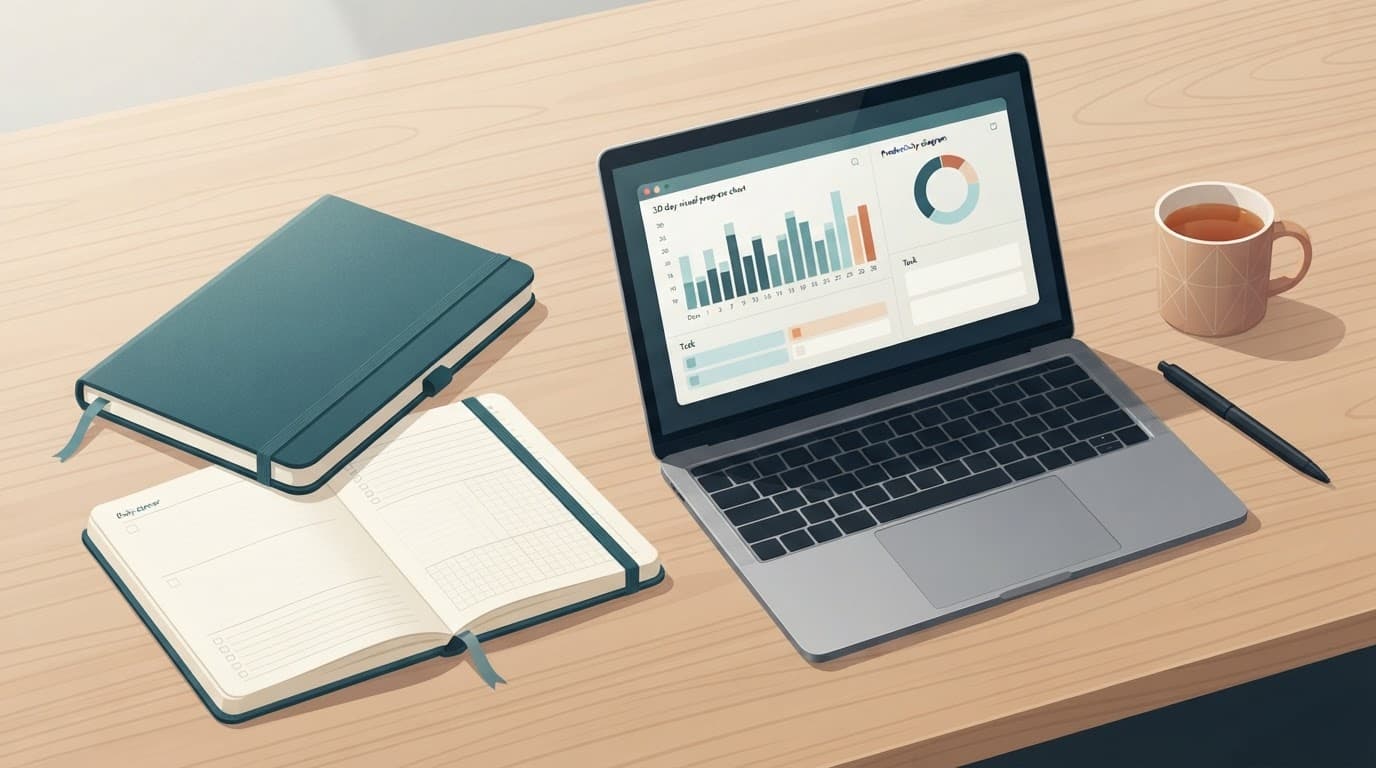 A planner and laptop sit side by side on a wooden desk.