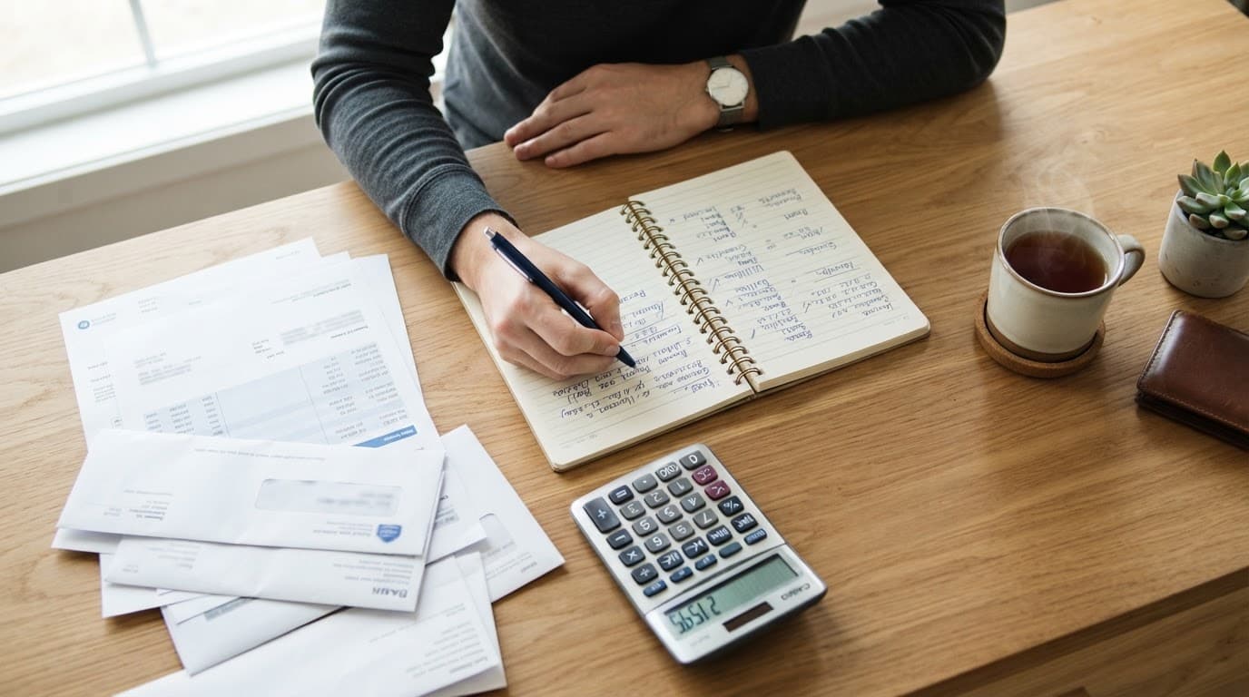 One person organizes bank statements, a calculator, and a financial notebook on a wooden desk.