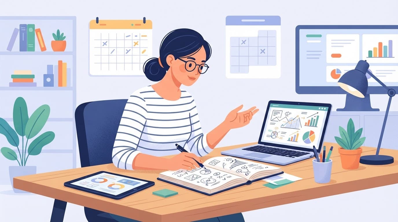 A person reviews notes at a modern desk.