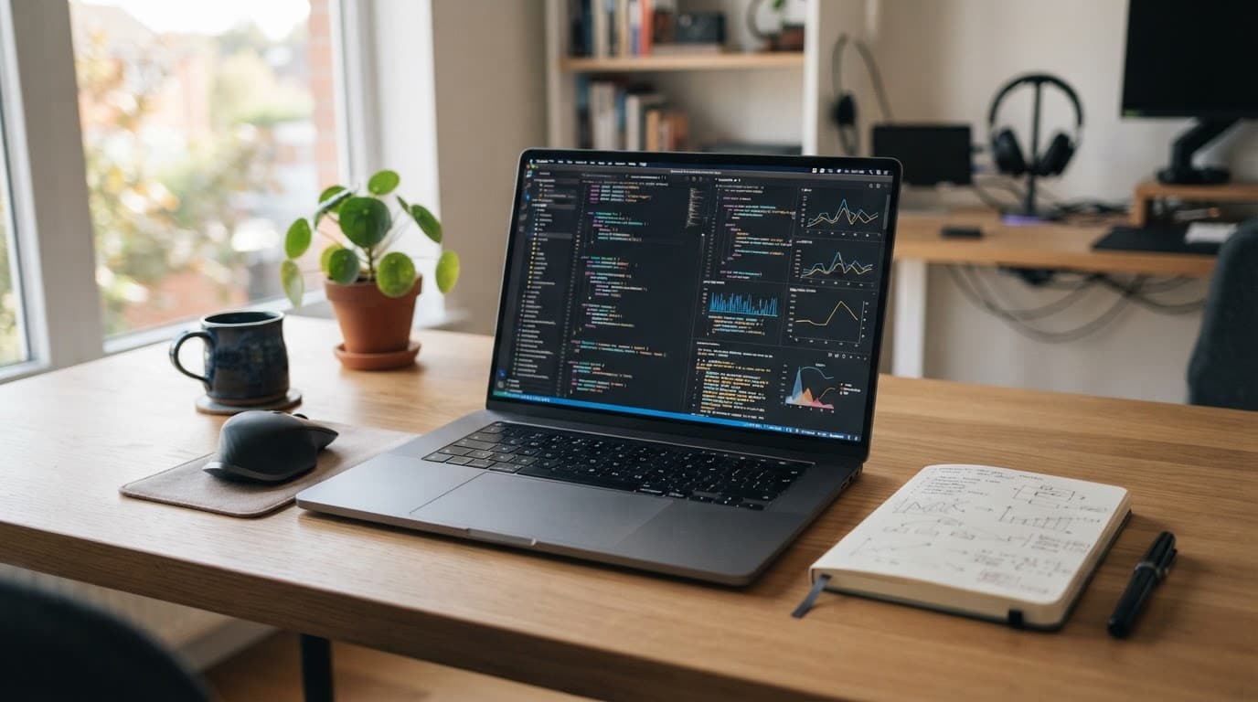 Laptop with abstract code beside an open notebook on a clean desk.