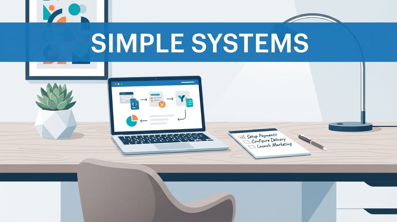 A laptop and checklist pad sit on a desk beneath a blue SIMPLE SYSTEMS banner.